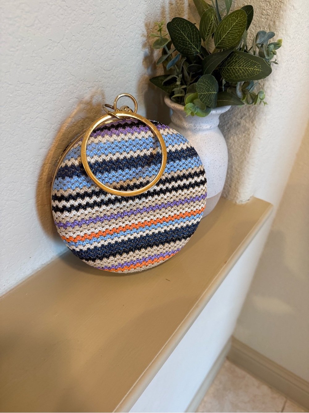 Striped Round Woven Wristlet Clutch with Gold Ring Handle or long gold chain